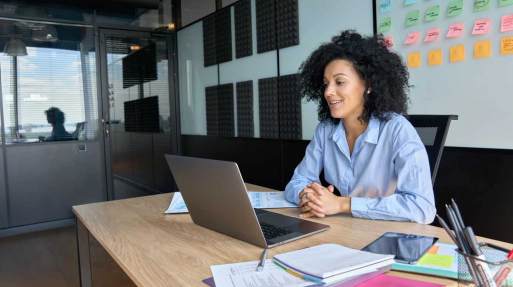 African American manager advisor having working video call on pc in office.